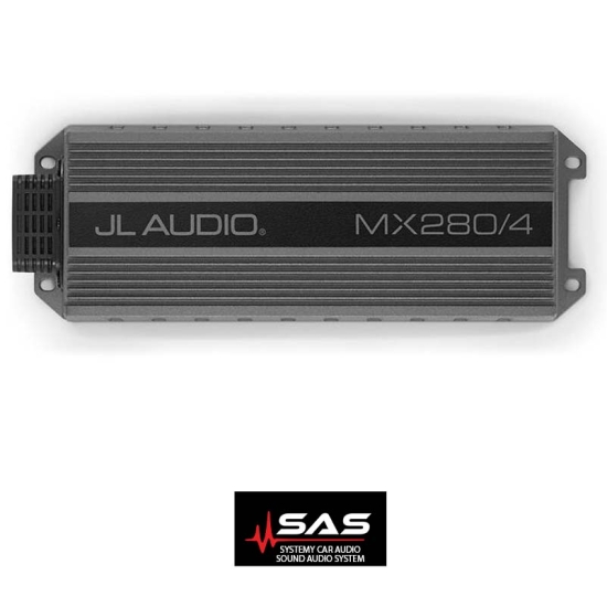 JL AUDIO MX280/4, 4-kanałowy wzmacniacz klasy D, 70 W x 4 @ 2 Ω/50 W x 4@4Ω-14,4 V Zaprojektowany specjalnie do zastosowań w sportach motorowych